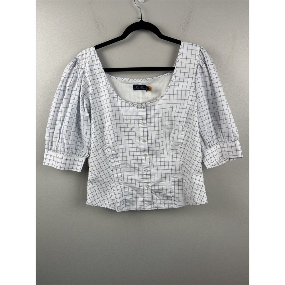 NWT Polo Ralph Lauren White 100% Cotton Puff-Sleeve Blouse Size 14 Blue Checks